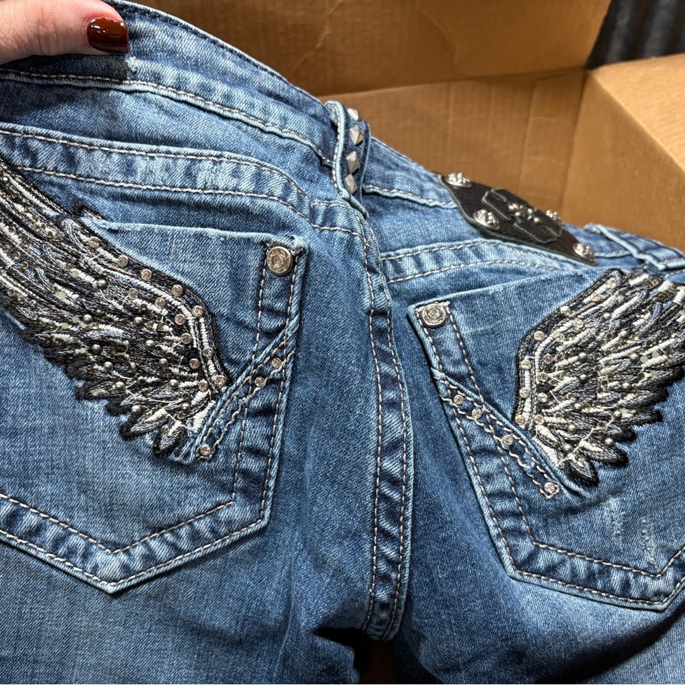 Miss Me Blue Boot Cut Jeans with Silver Embellishments